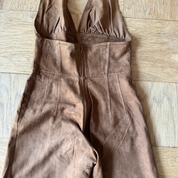 Marianne Vanderwilt Leather Suede Jumpsuit Brown Tan Halter Pants Fringe Wrap - Picture 5 of 15